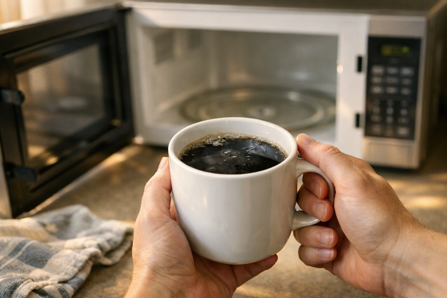 Cold mug removed from microwave showing appliance not heating