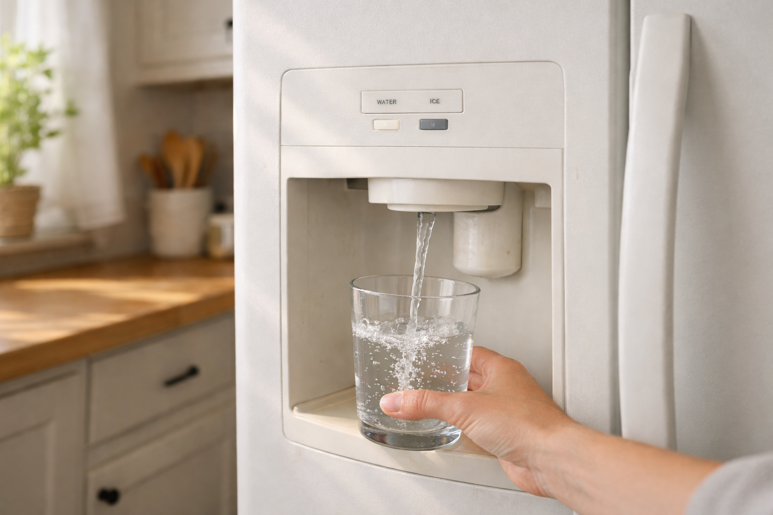 Refrigerator water dispenser filtering water into a glass in kitchen