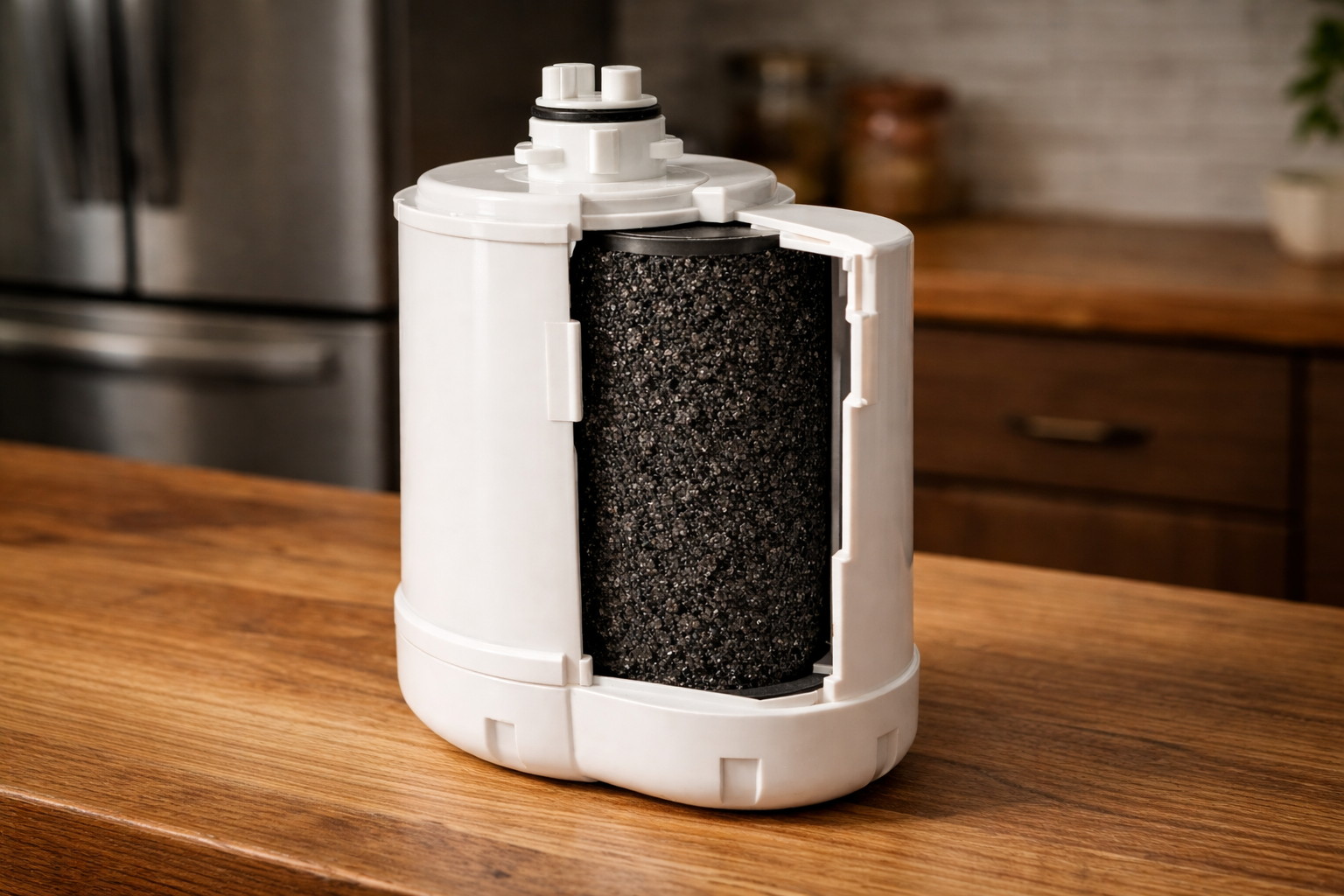 Inside of refrigerator water filter showing carbon filtration material