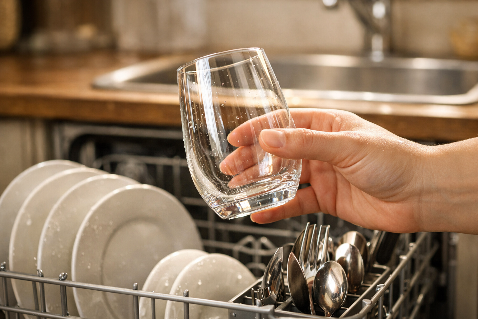 Person holding a spotless glass after using dishwasher rinse aid