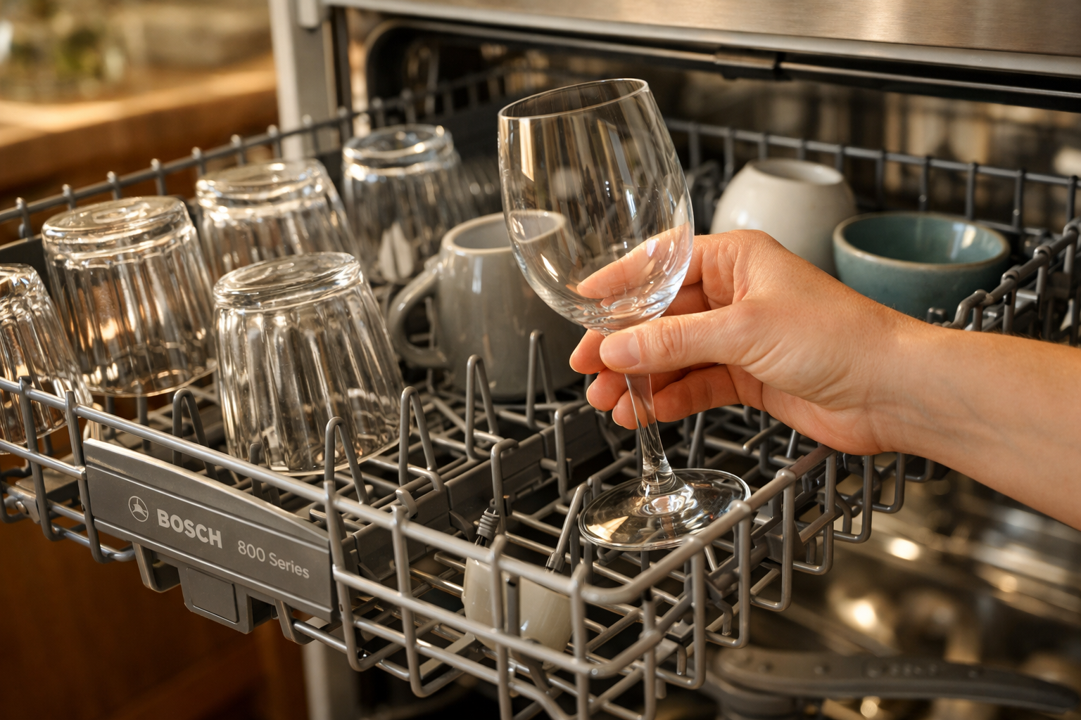 Properly loaded Bosch dishwasher top rack with glasses and cups