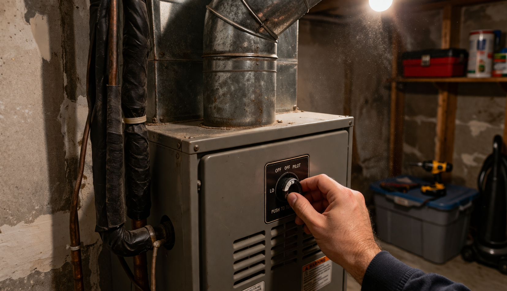 home HVAC furnace with ducts and hand adjusting controls
