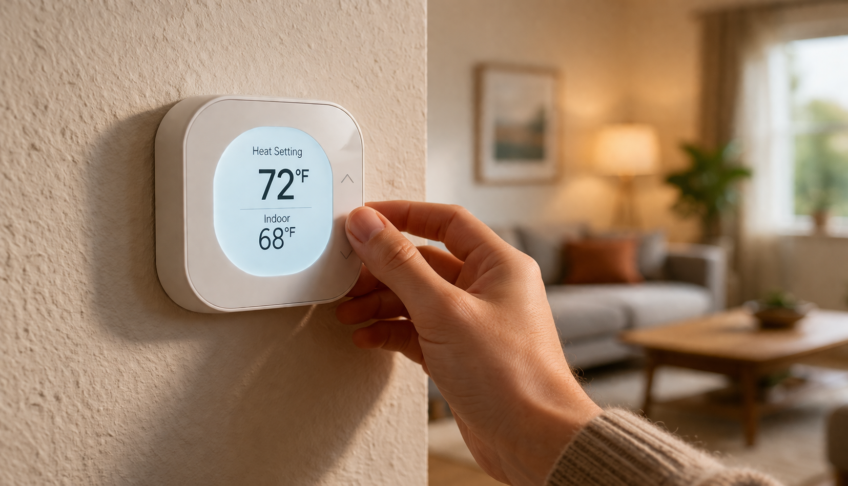 hand adjusting smart thermostat temperature on home wall