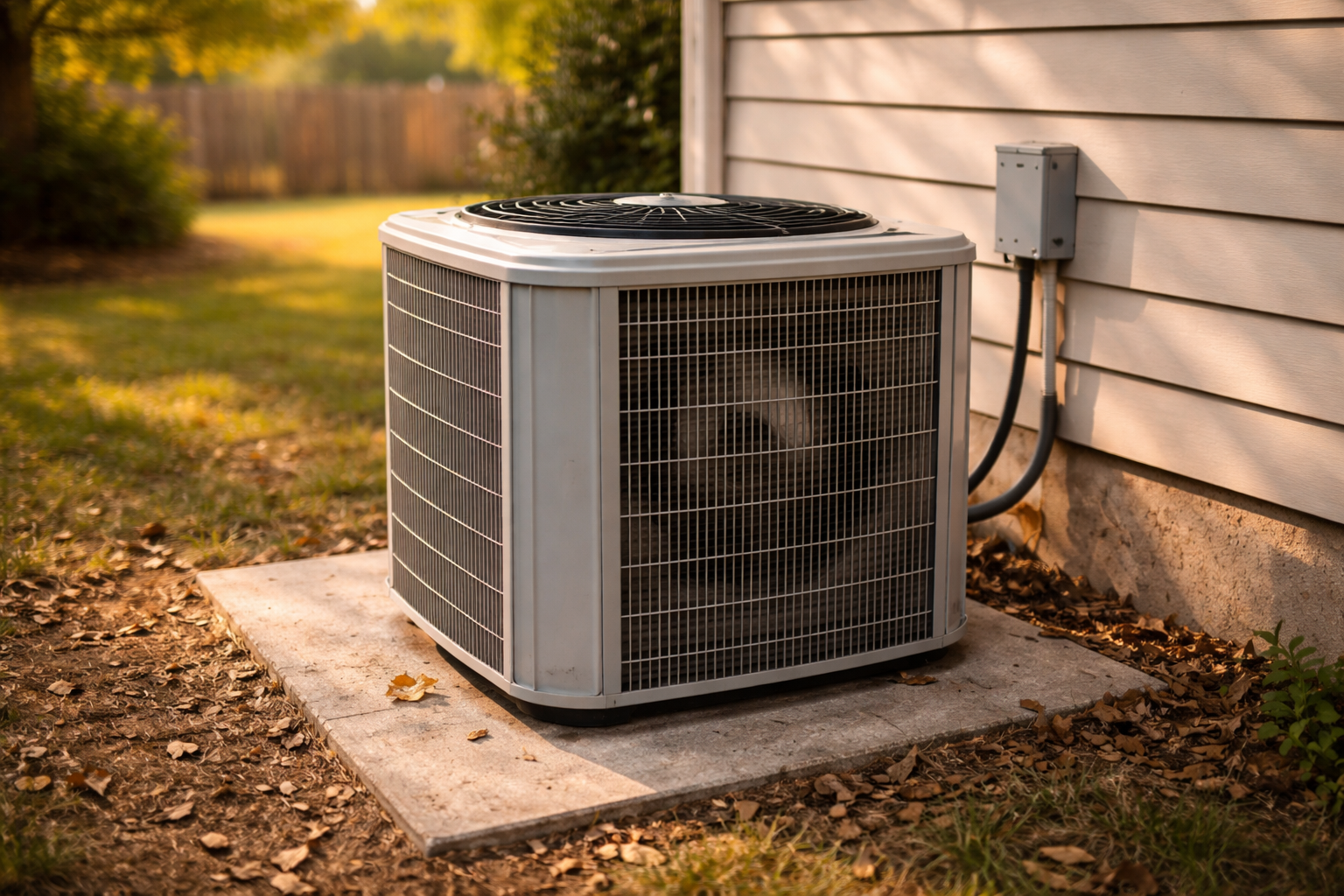 outdoor air conditioner condenser unit beside residential home