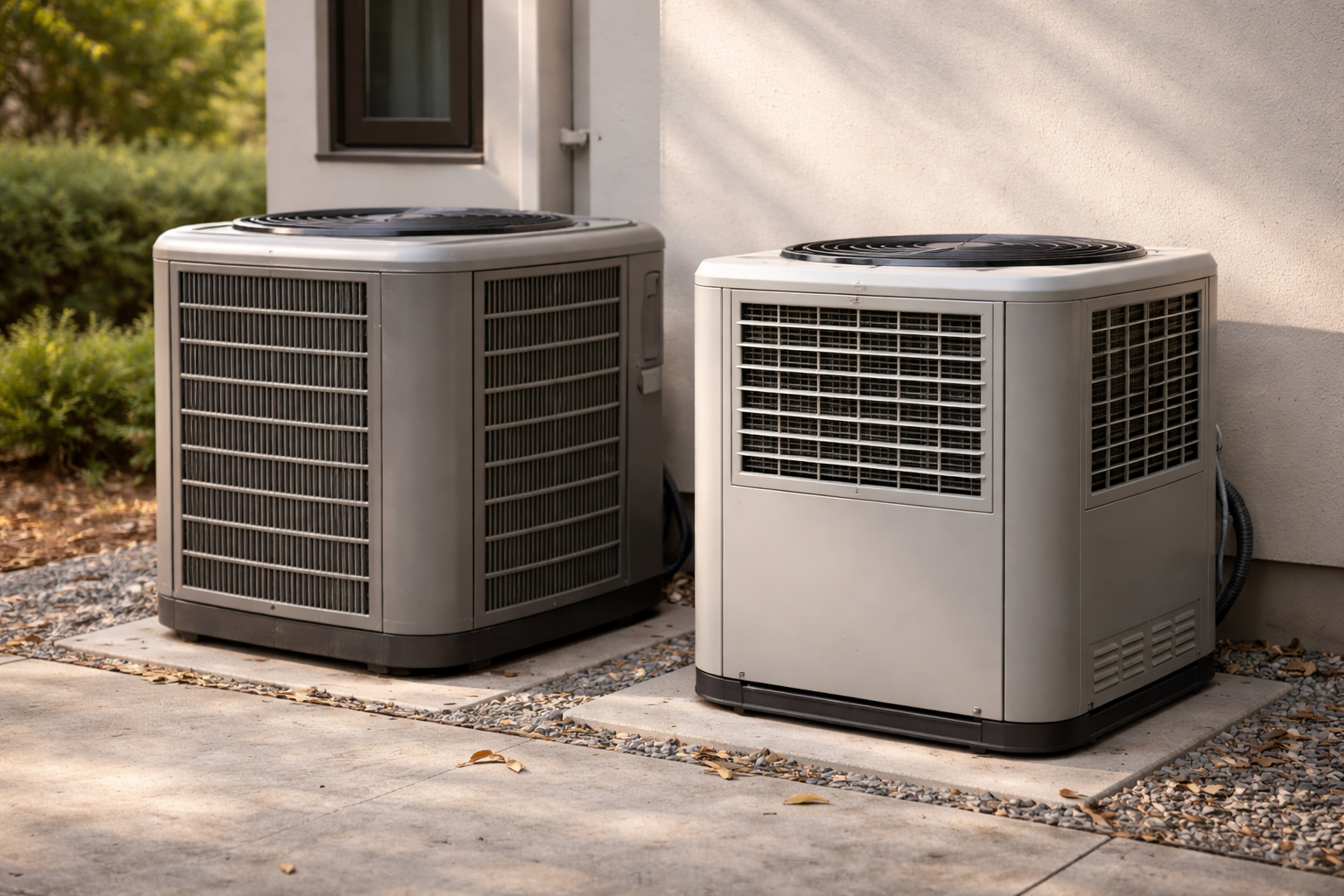 Two outdoor HVAC condenser units installed beside residential home