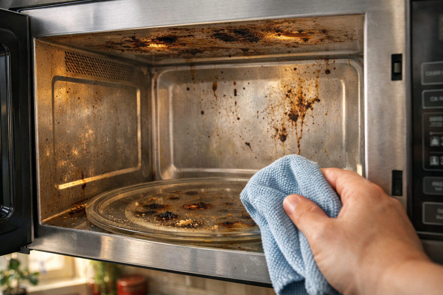 burnt food stains inside microwave before cleaning process