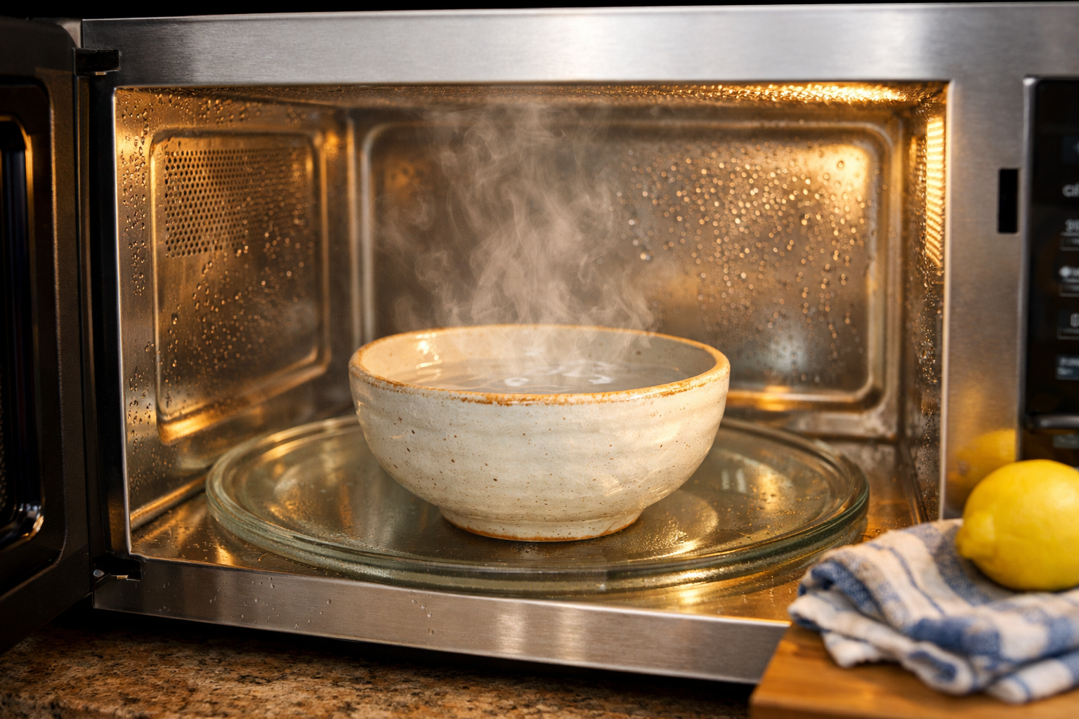 steam cleaning microwave using bowl of hot water