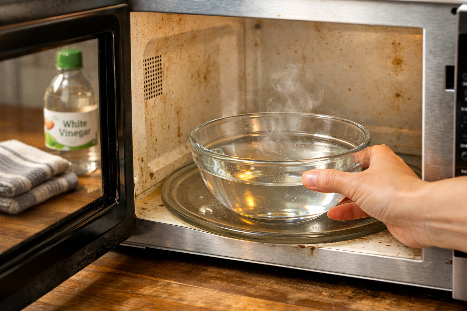 vinegar bowl placed in microwave to remove burnt stains