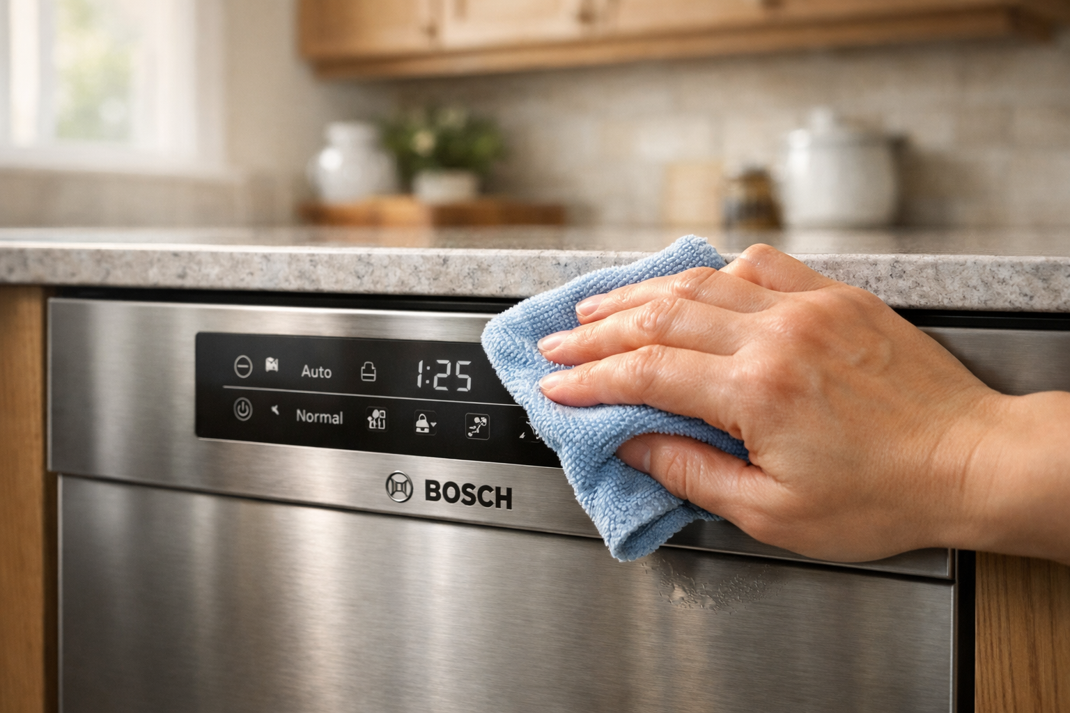cleaning bosch dishwasher control panel with microfiber cloth