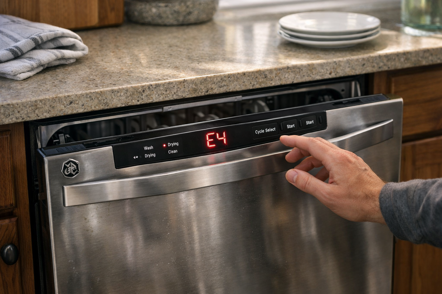 GE dishwasher displaying FTD error code on control panel screen