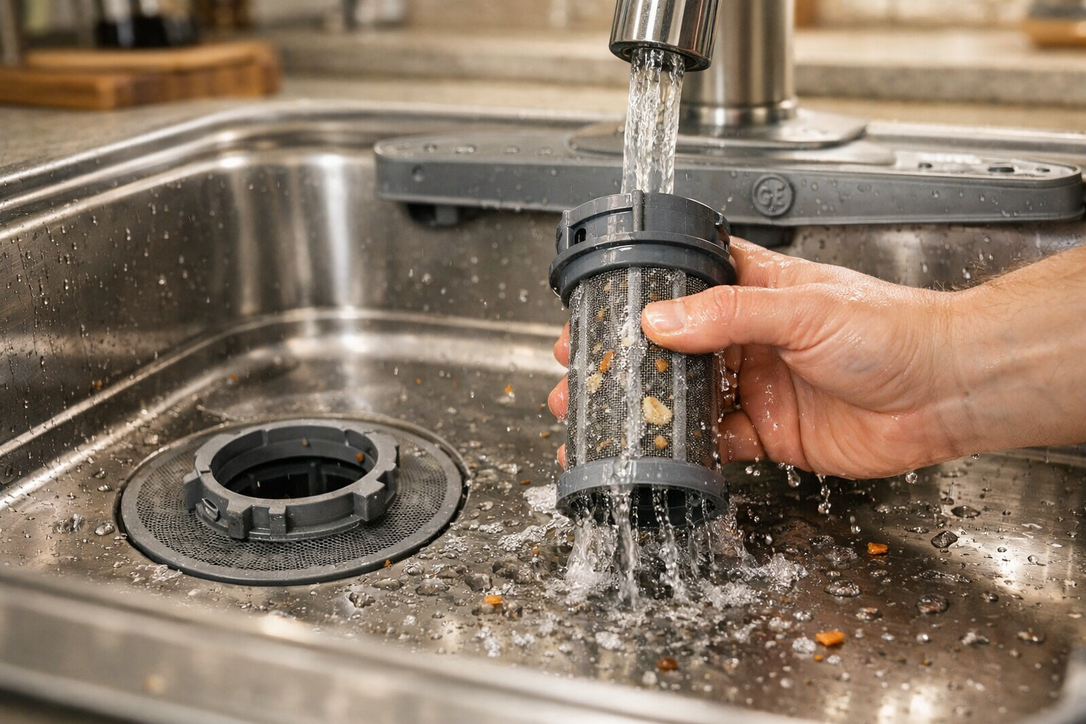 cleaning ge dishwasher filter to fix drainage problem