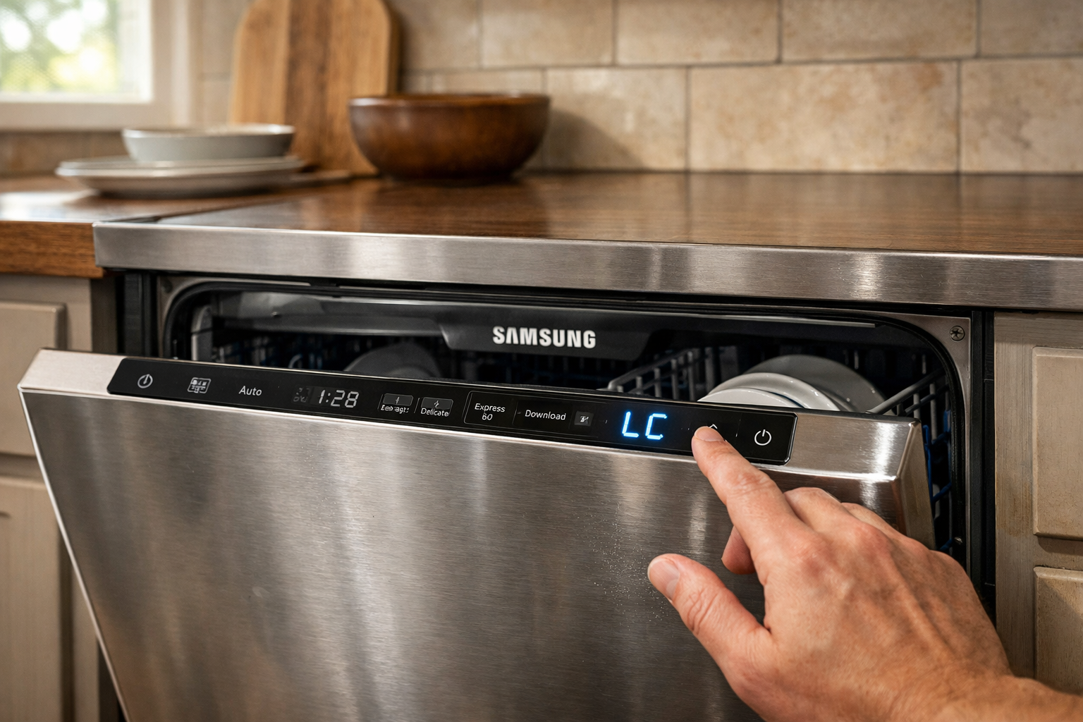 Samsung dishwasher showing LC error on digital display panel