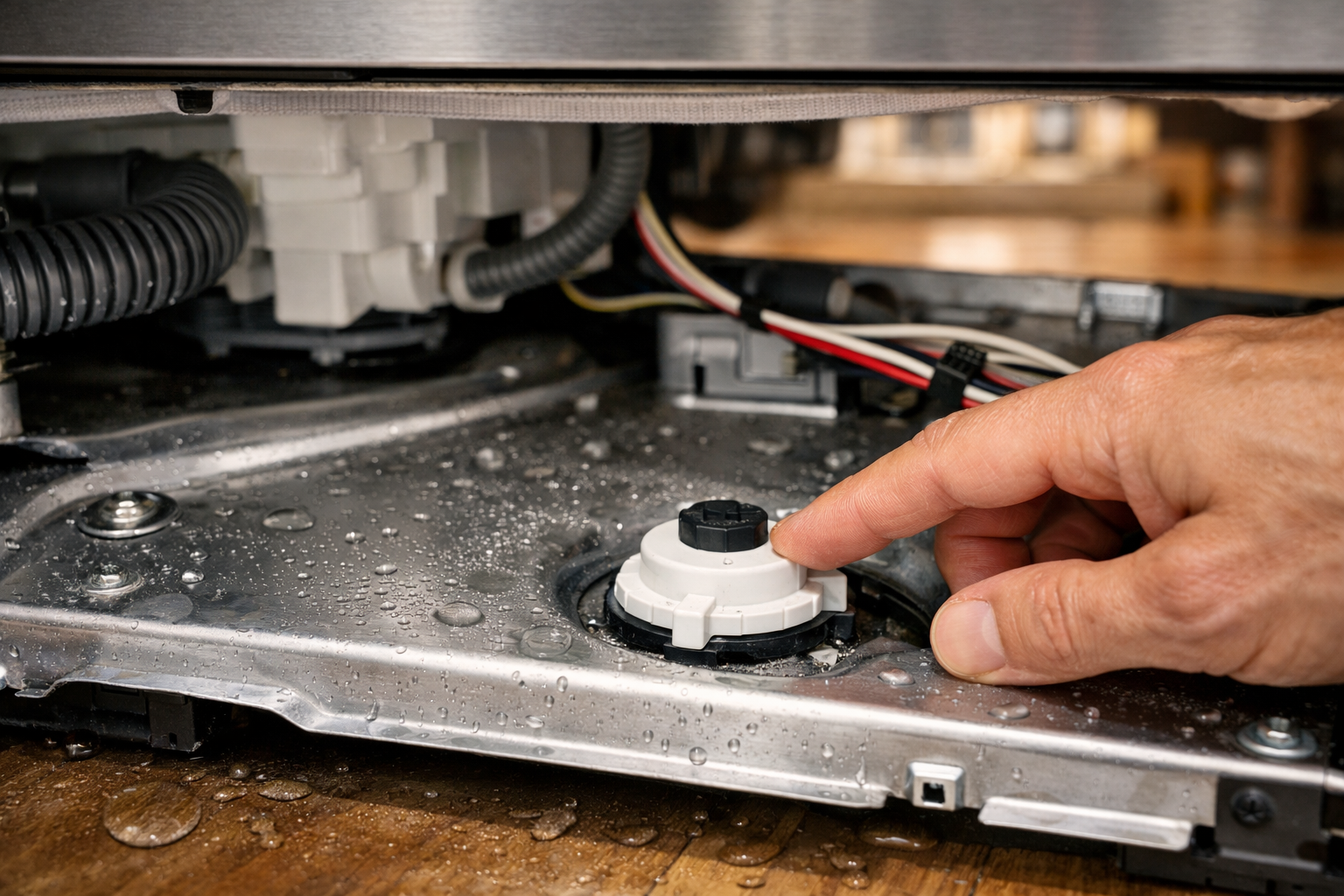 inspecting samsung dishwasher base pan and leak sensor for water