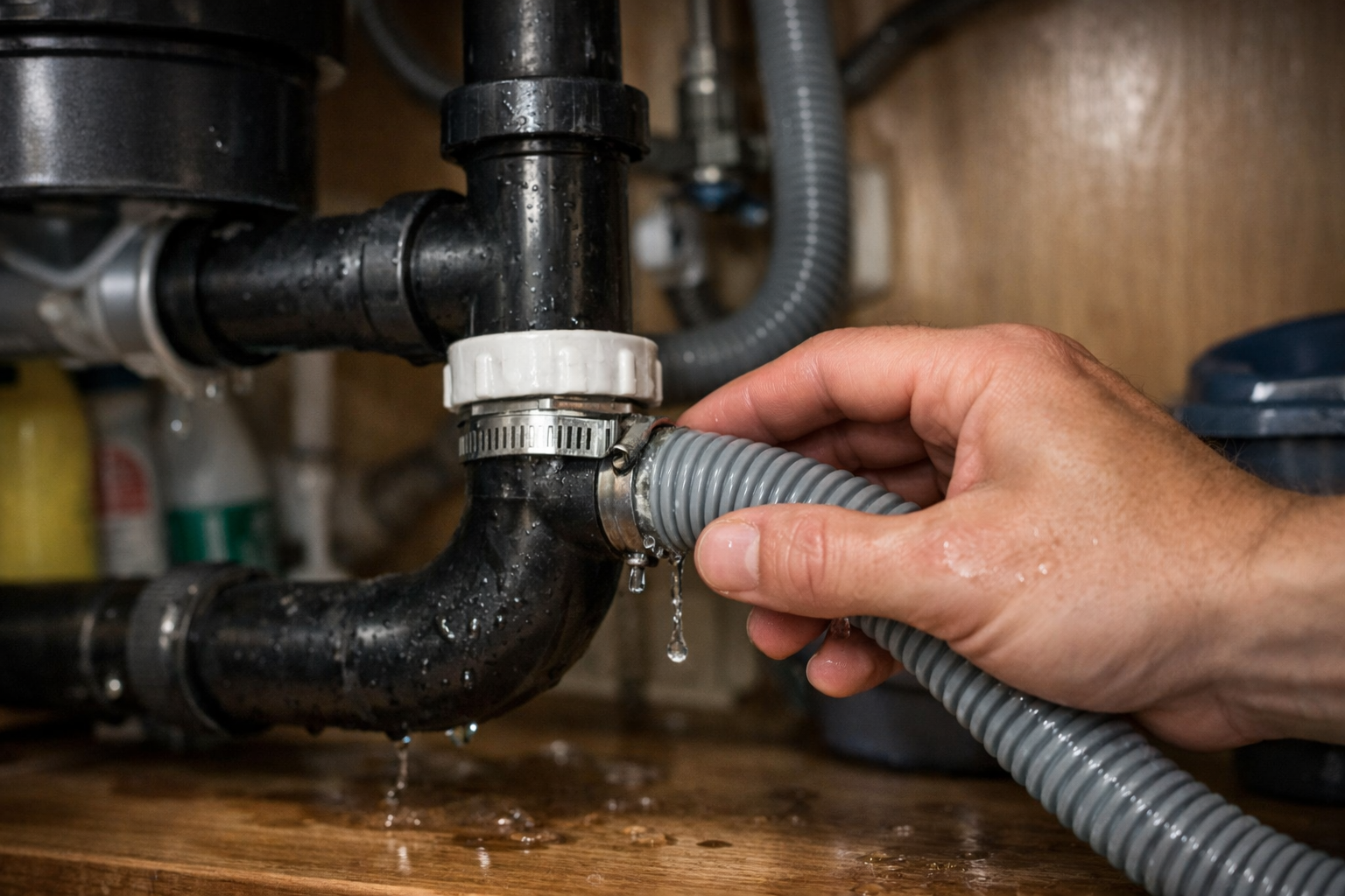 inspecting samsung dishwasher drain hose under kitchen sink