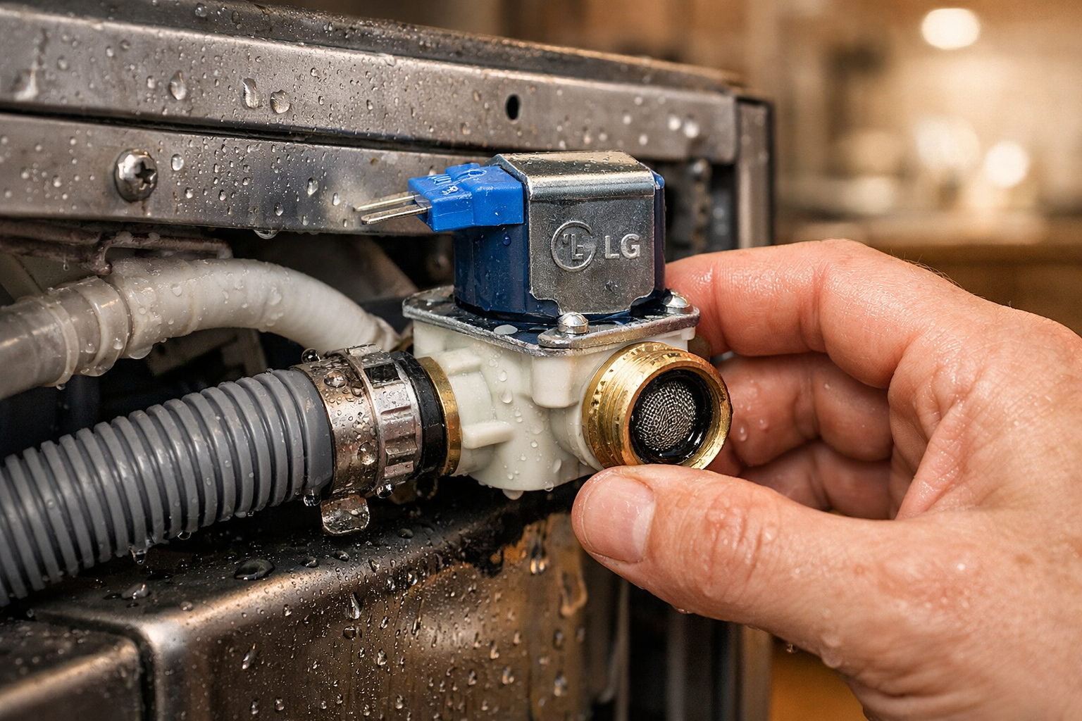 inspecting lg dishwasher water inlet valve and hose connection