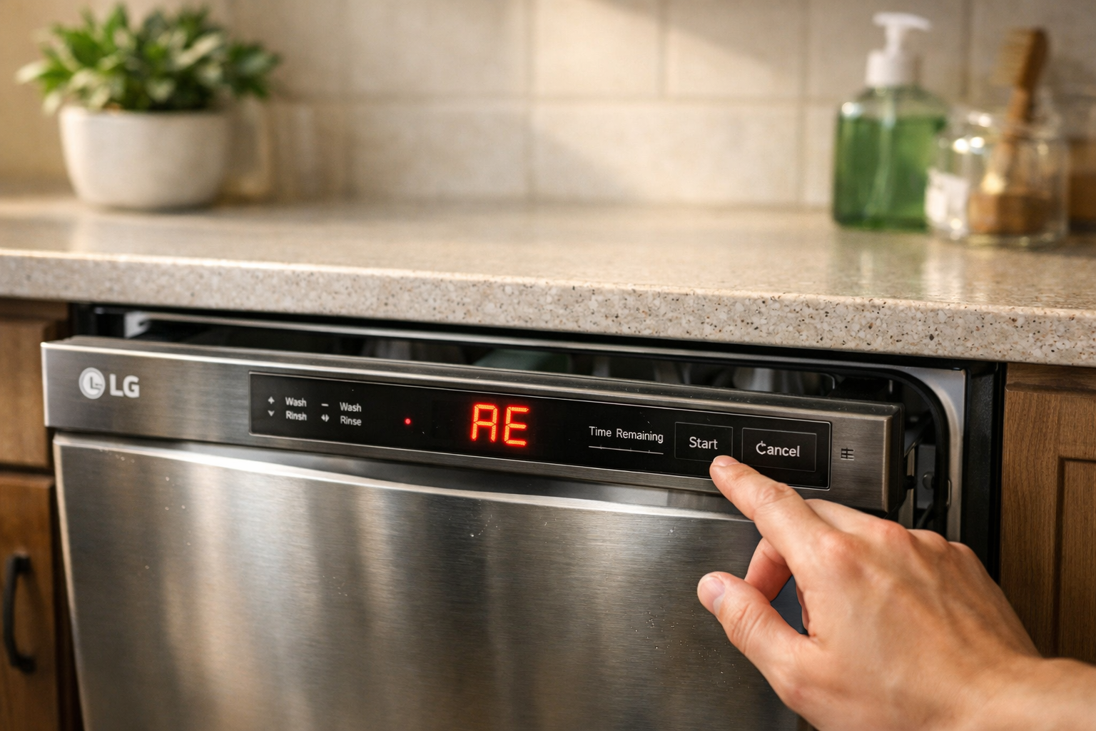 LG dishwasher showing AE error on digital control panel