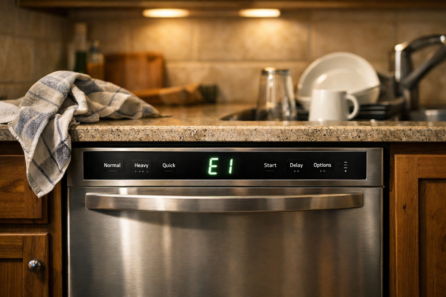 Whirlpool dishwasher display showing E1 error code in home kitchen