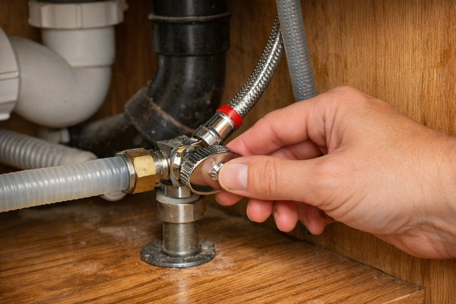 Checking dishwasher water supply valve under kitchen sink cabinet