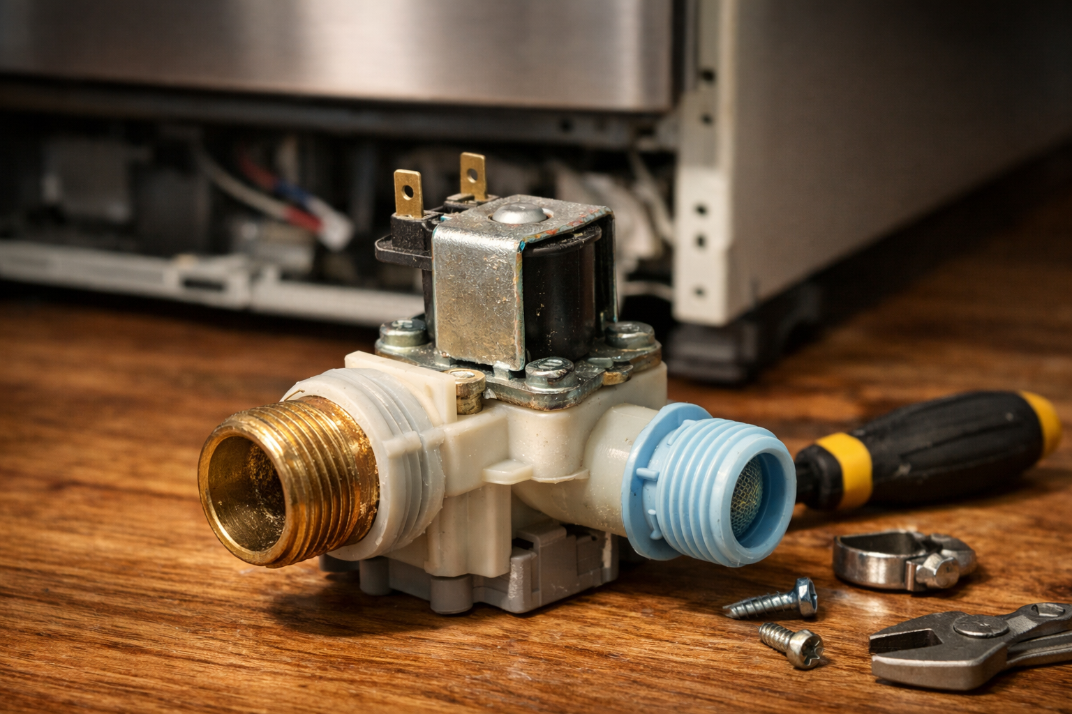 Dishwasher water inlet valve component during appliance troubleshooting