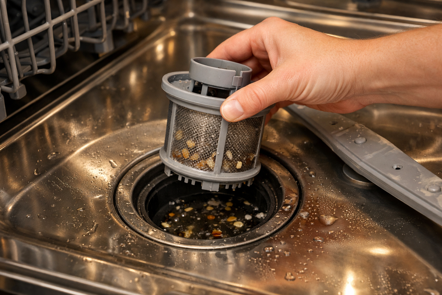 Cleaning dishwasher drain filter inside stainless steel dishwasher tub
