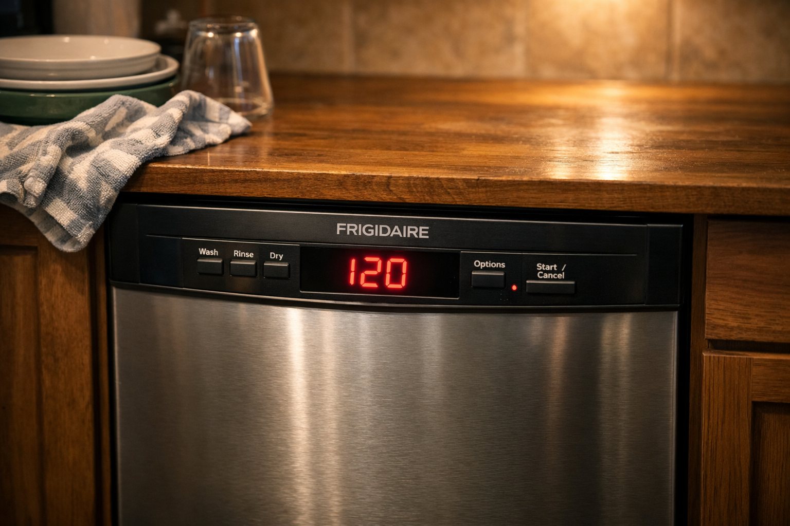 Frigidaire dishwasher display showing I20 error code in kitchen