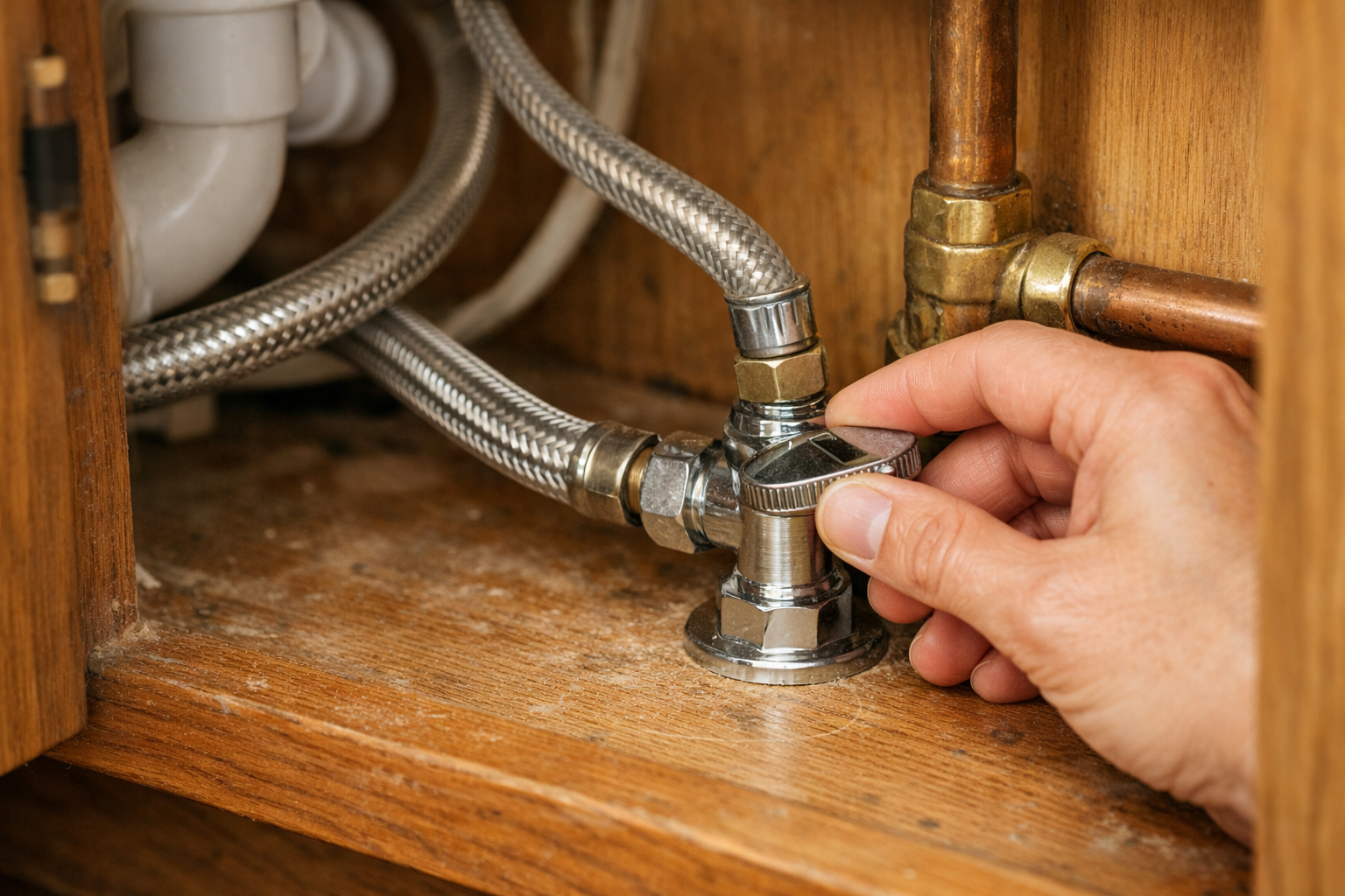 Checking Frigidaire dishwasher water supply valve under sink cabinet