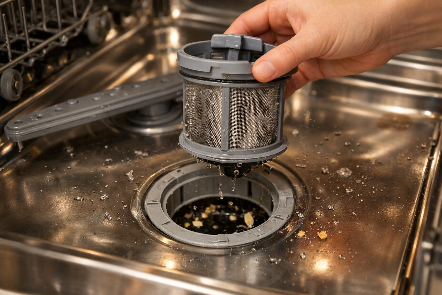 Cleaning dishwasher drain filter inside Frigidaire stainless steel tub