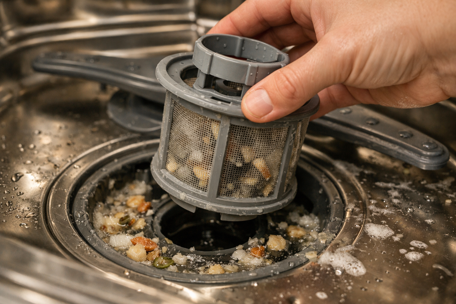 Cleaning dishwasher drain filter with standing water and debris