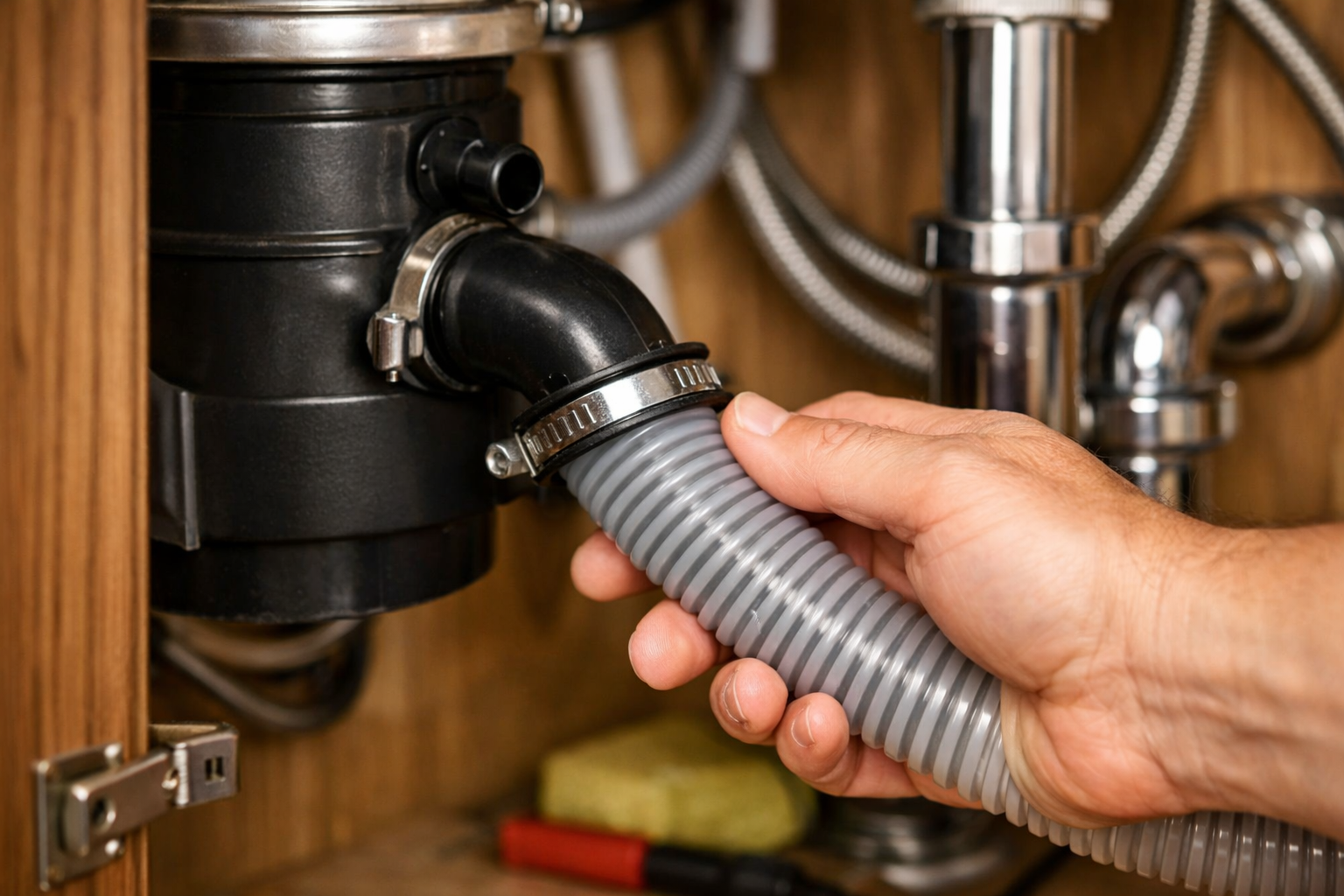 Inspecting dishwasher drain hose and under-sink plumbing for clogs