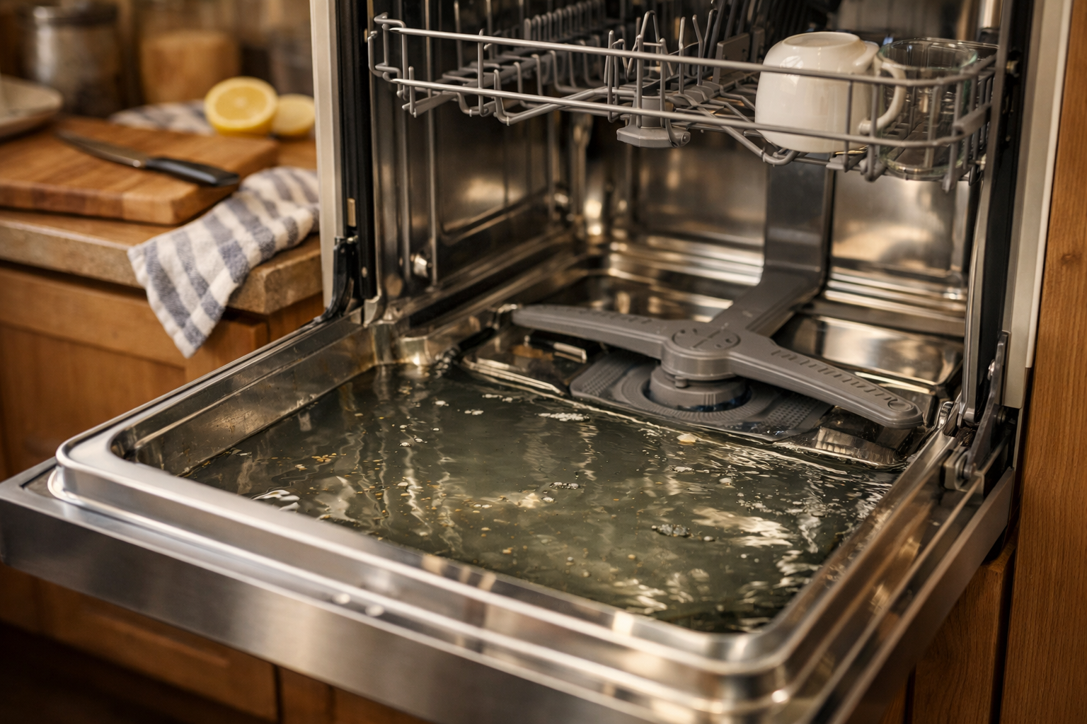 Dishwasher open with standing water in stainless steel tub interior