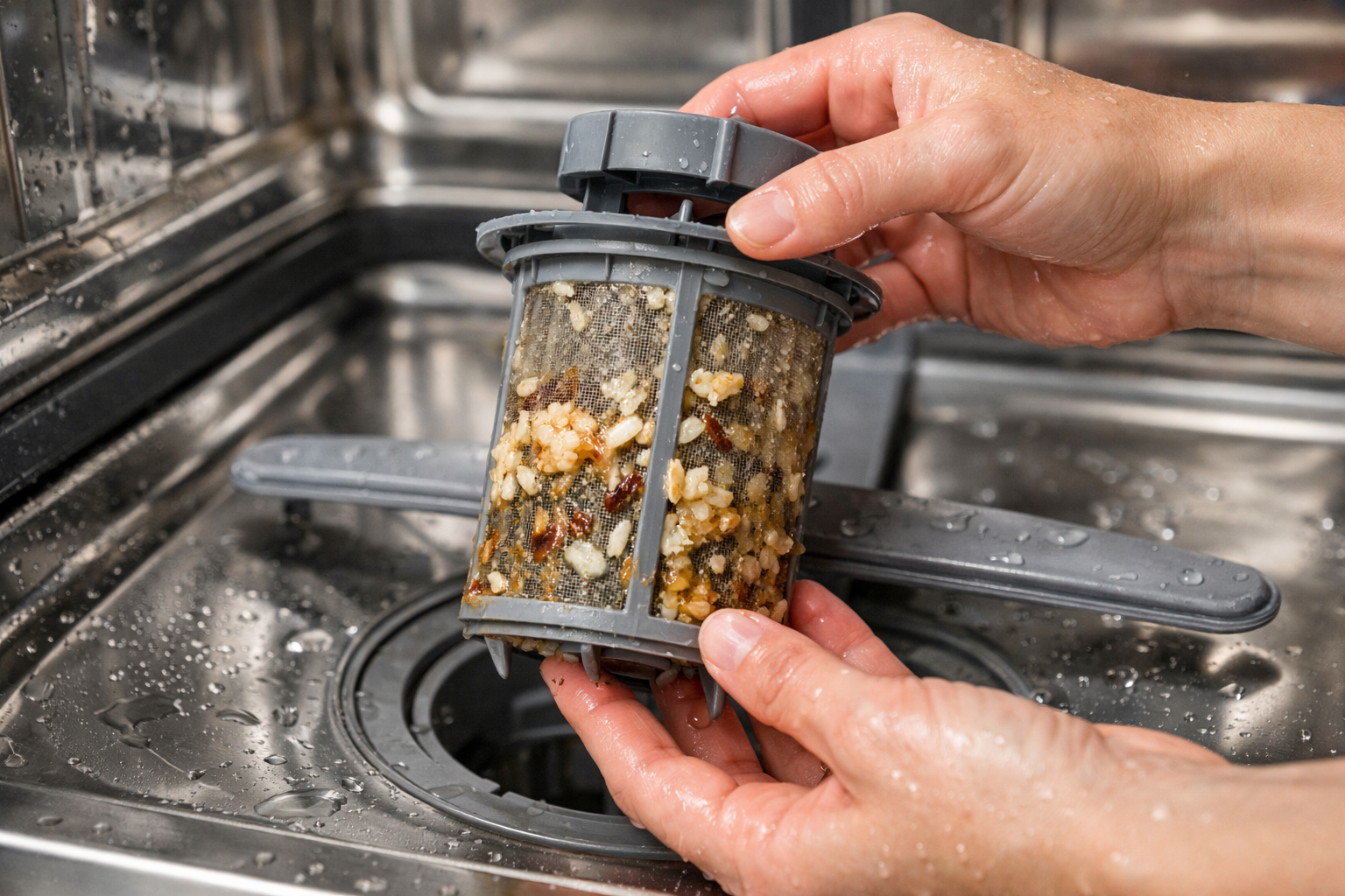 removing clogged dishwasher filter with trapped food debris
