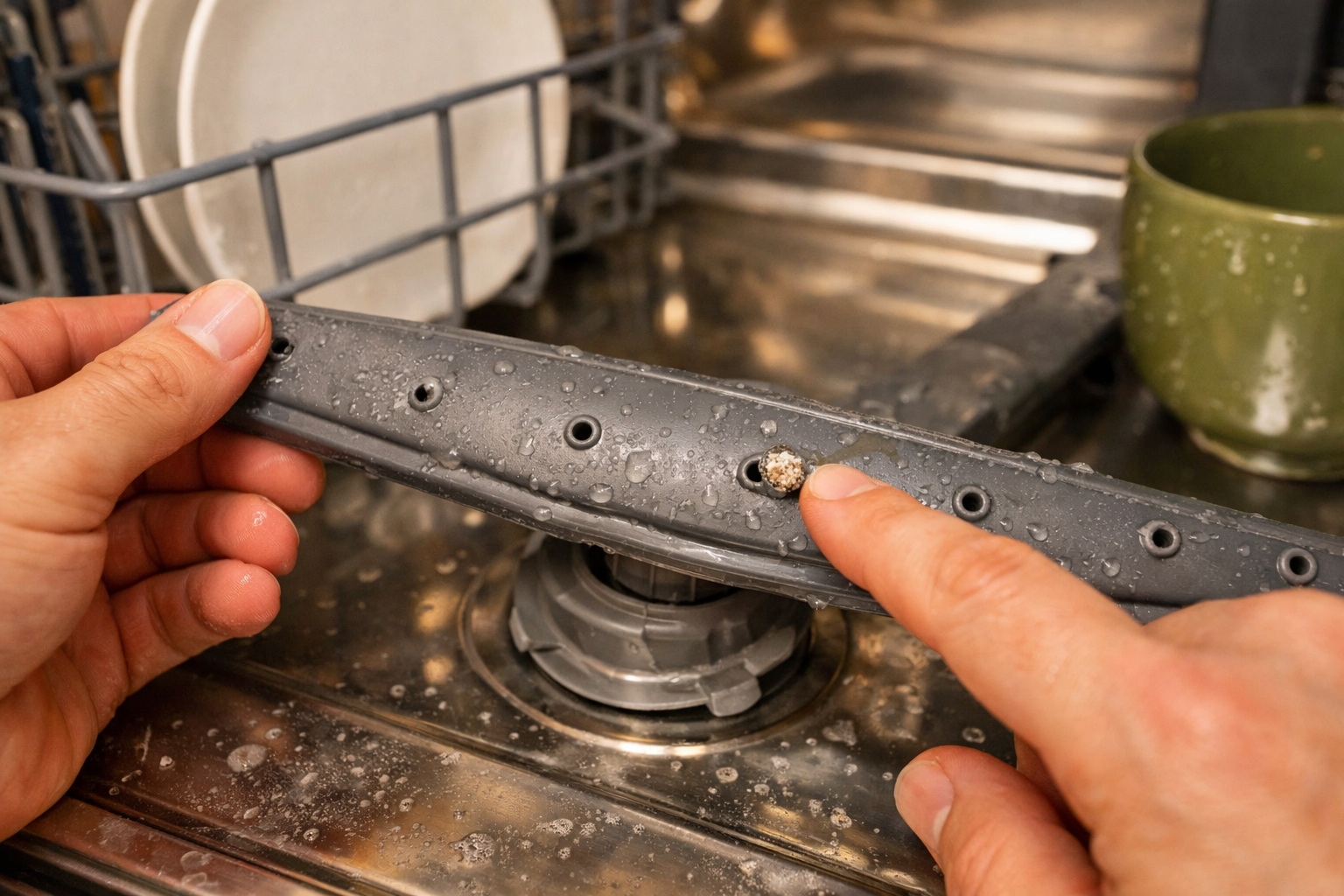 checking dishwasher spray arm holes for clogs