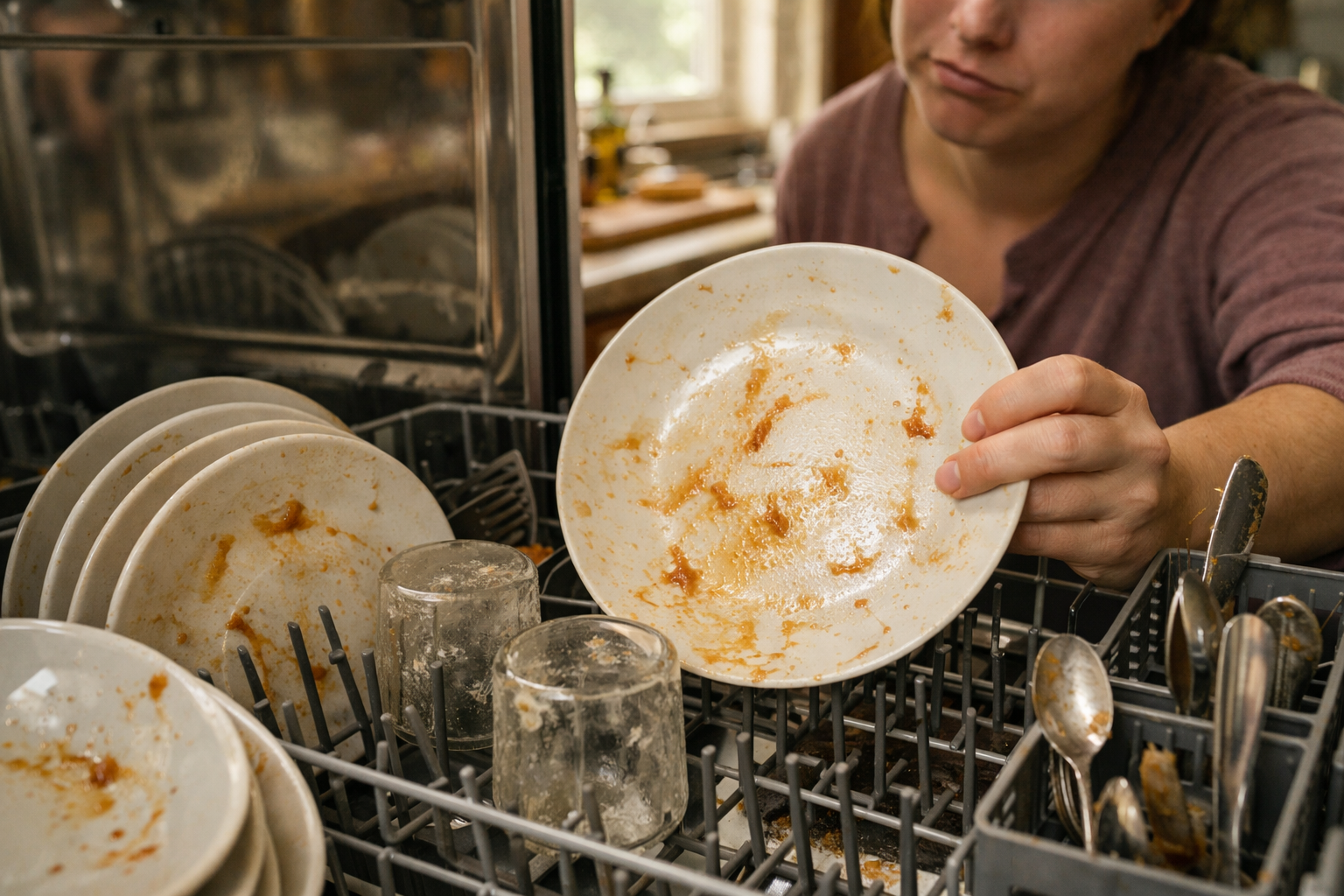 dishwasher full of dirty dishes after wash cycle