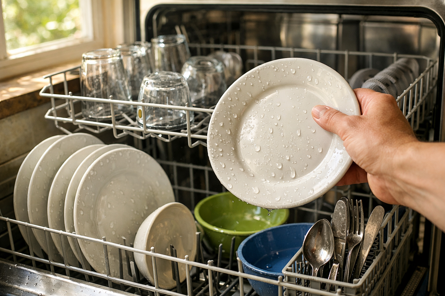 dishwasher full of clean but wet dishes inside