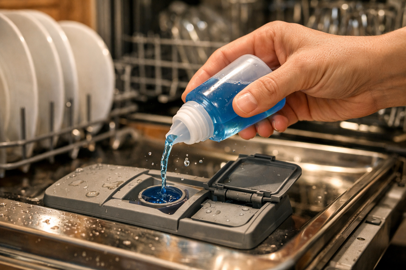 pouring rinse aid into dishwasher compartment for drying
