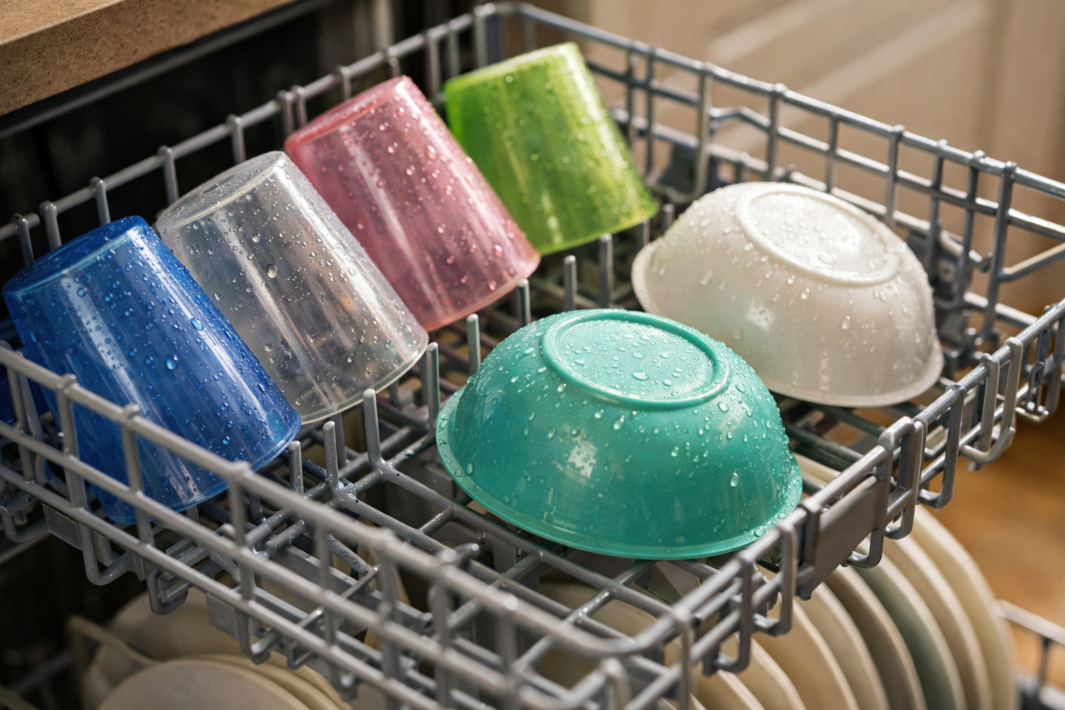 plastic cups and bowls arranged for proper dishwasher drying