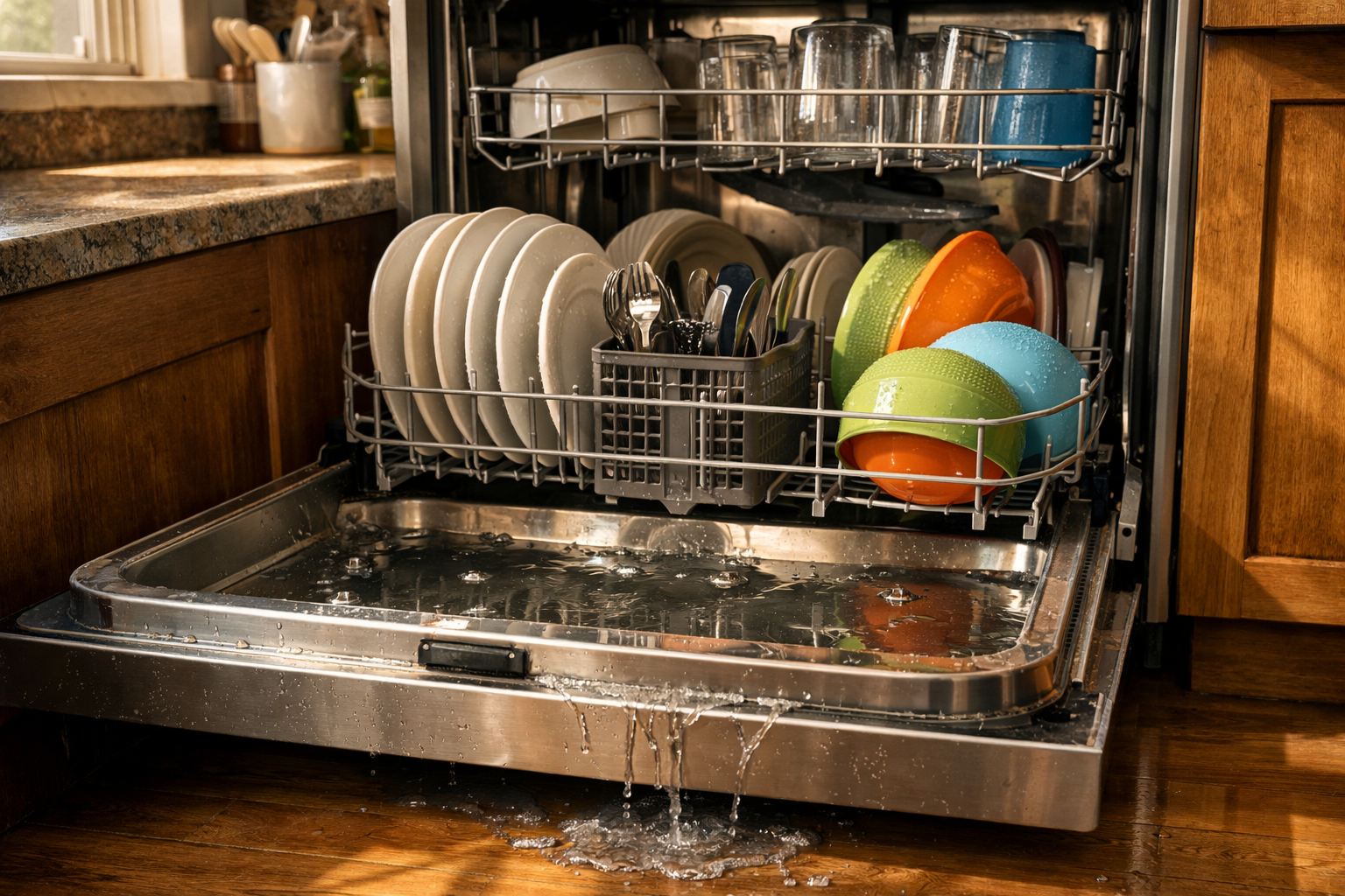 open dishwasher showing water leaking from the bottom