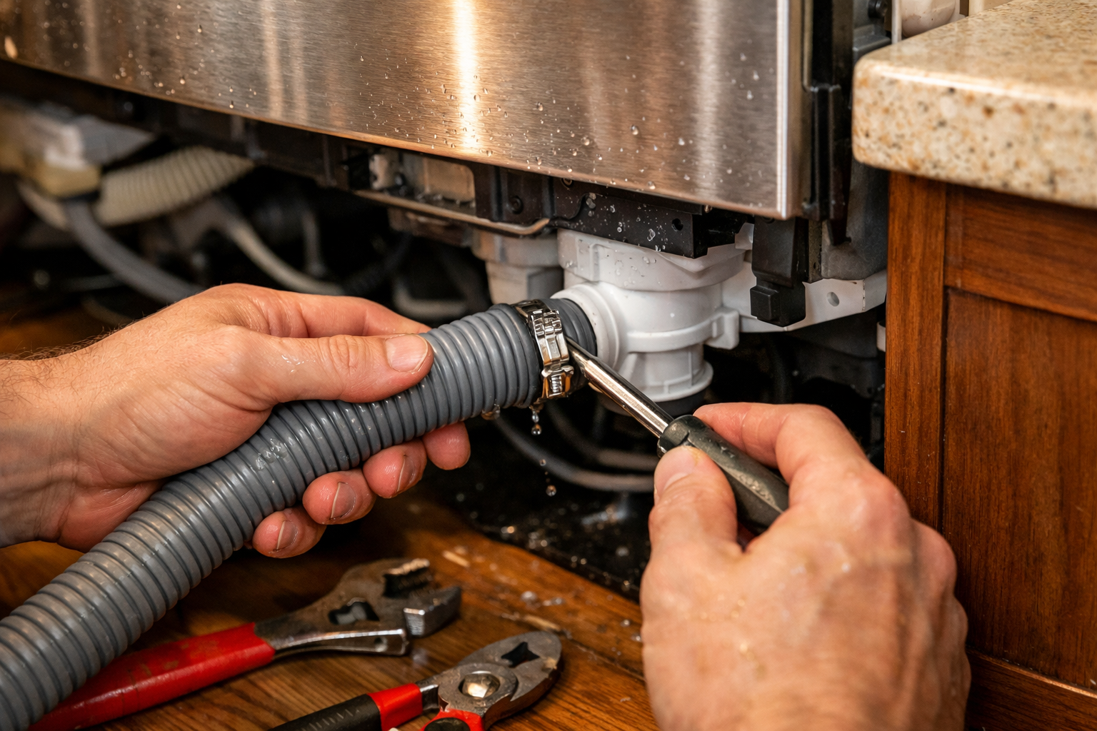 tightening dishwasher drain hose to prevent leaks