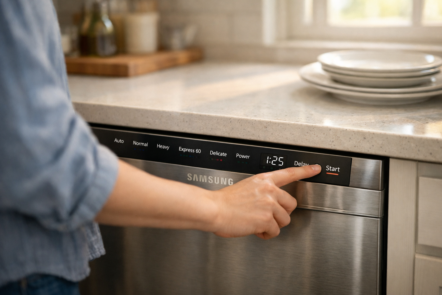 Person pressing start button on Samsung dishwasher in modern kitchen