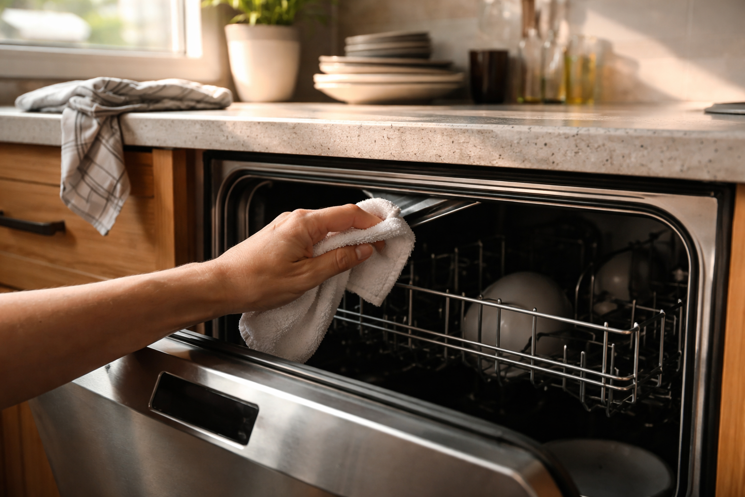 Hand inspecting black mold on dishwasher rubber gasket in kitchen