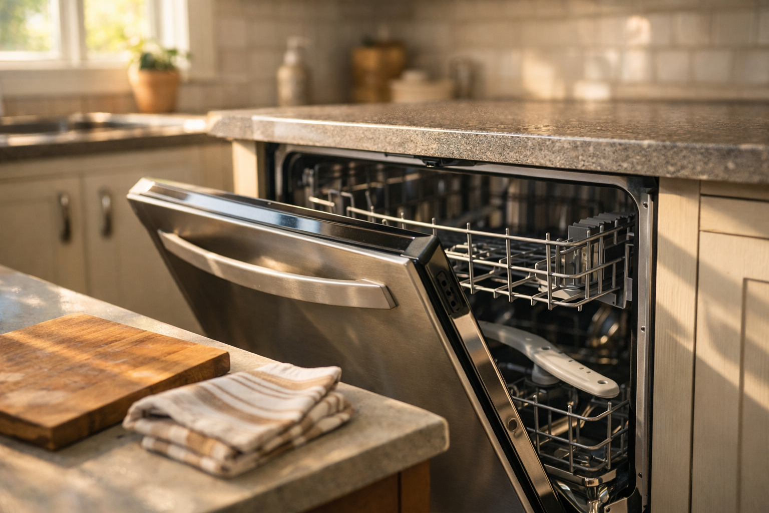 Dishwasher door left open to prevent mold growth and moisture buildup