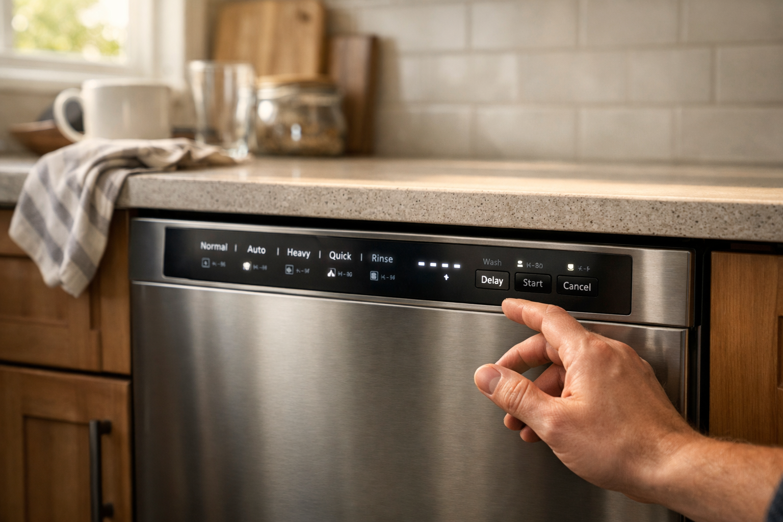 Homeowner inspecting unresponsive dishwasher control panel in kitchen