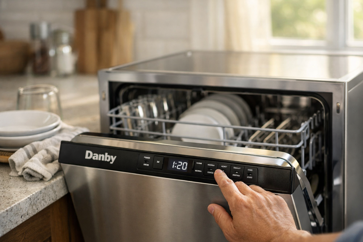 Homeowner inspecting Danby dishwasher control panel in kitchen