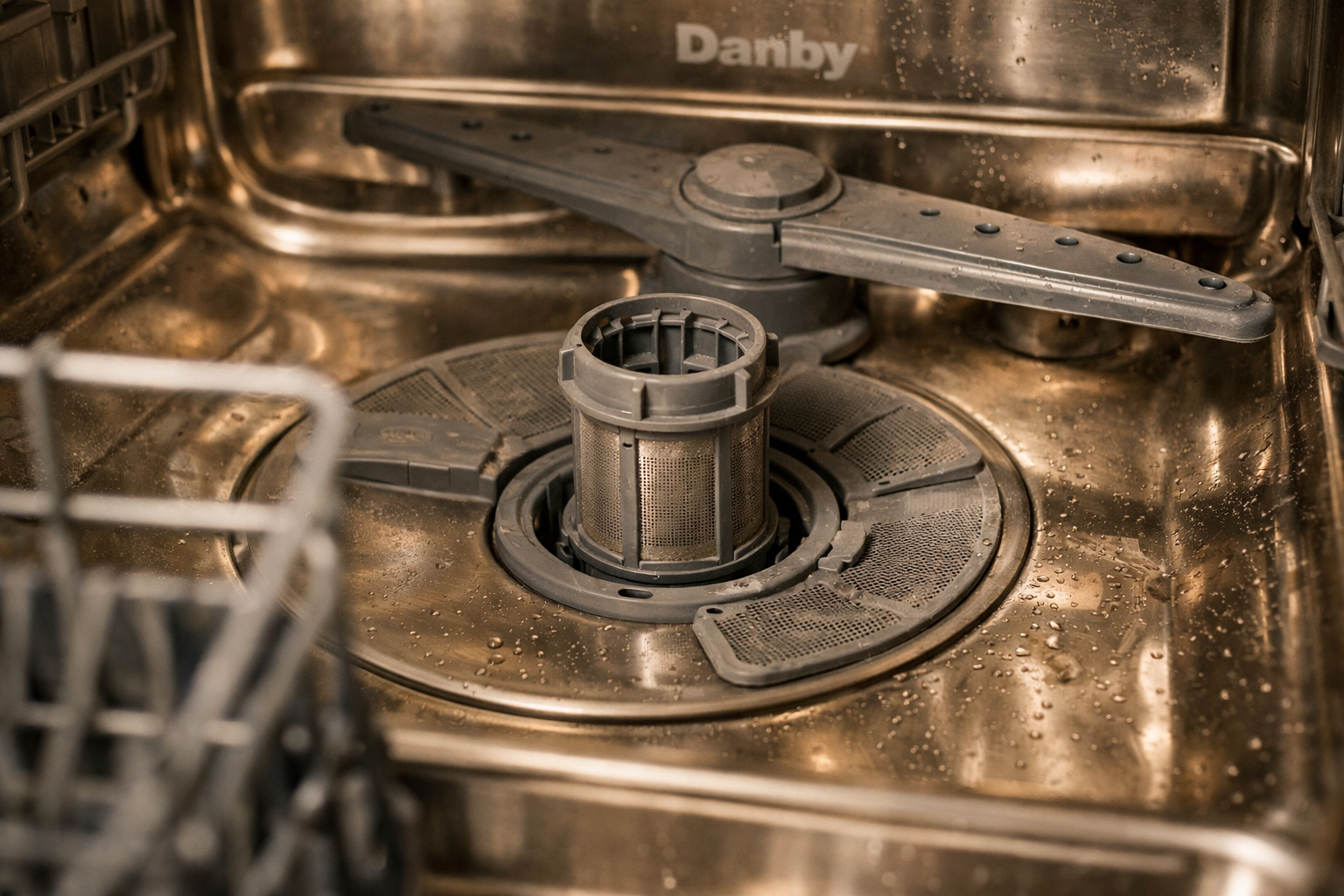 Close-up of Danby dishwasher interior showing spray arms and filters