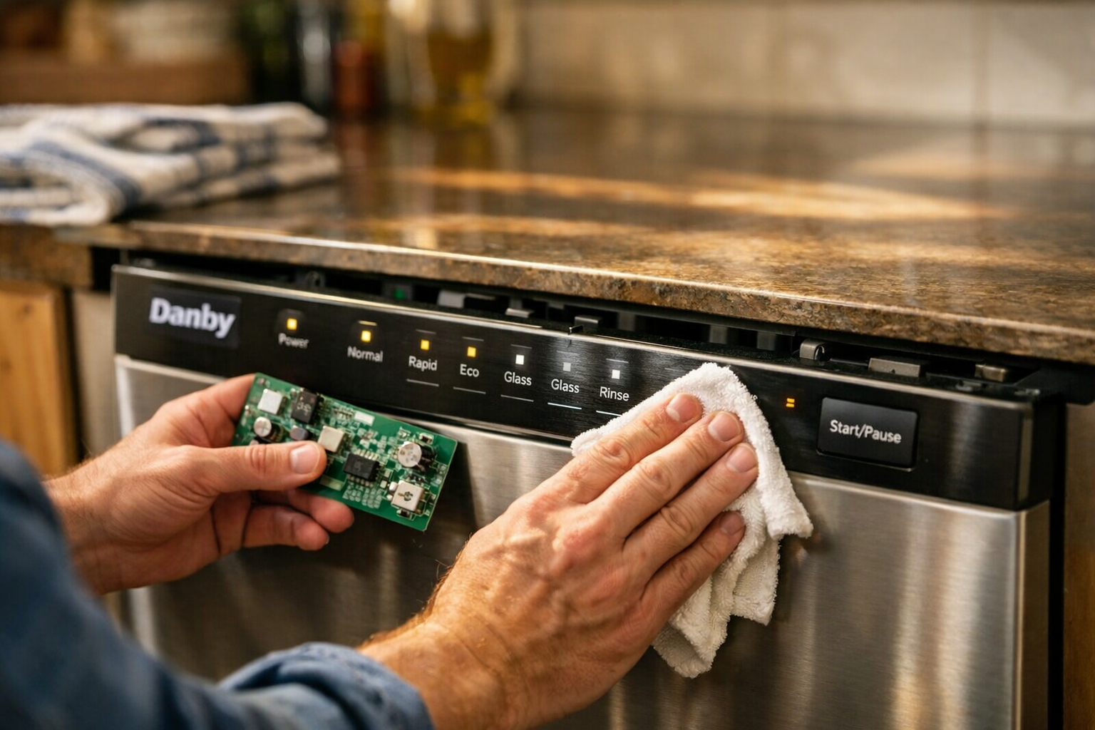 Hands cleaning Danby dishwasher touchpad and control board