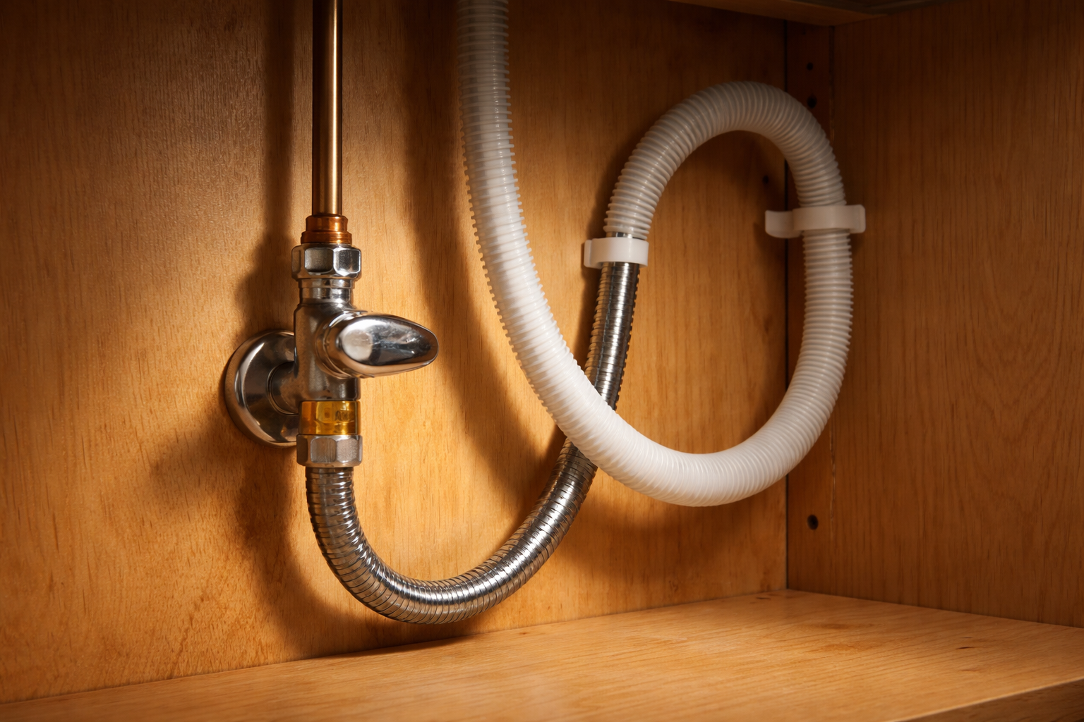 Kitchen sink cabinet showing dishwasher water supply valve and drain hose high loop