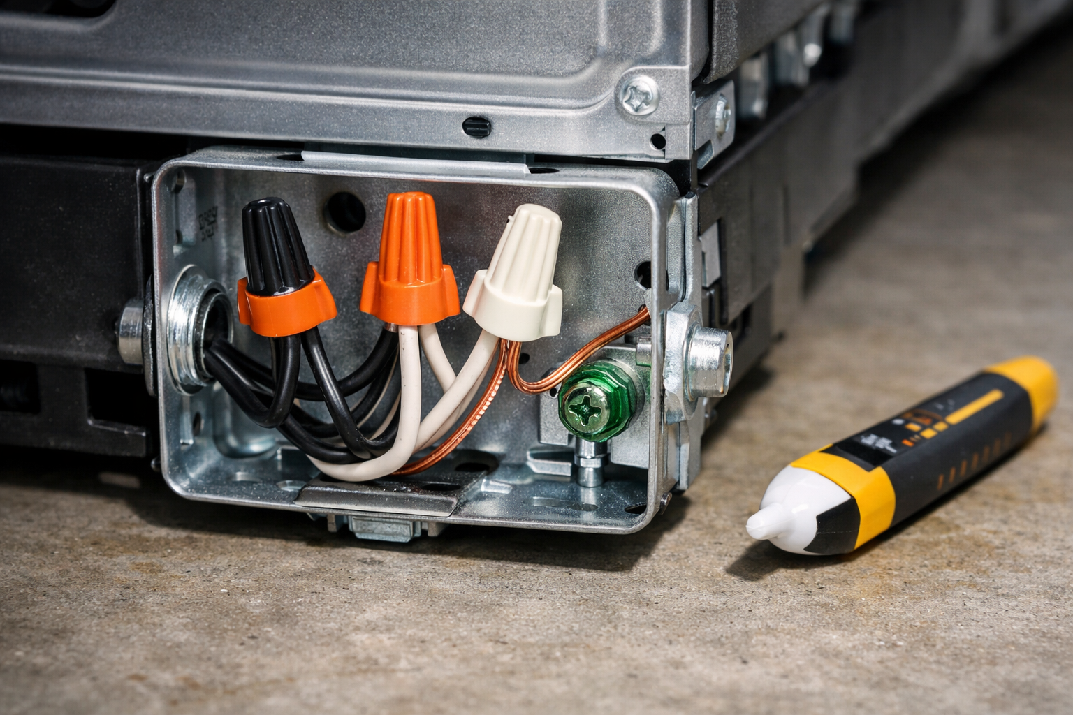 Dishwasher junction box wiring showing black white and ground wire connections