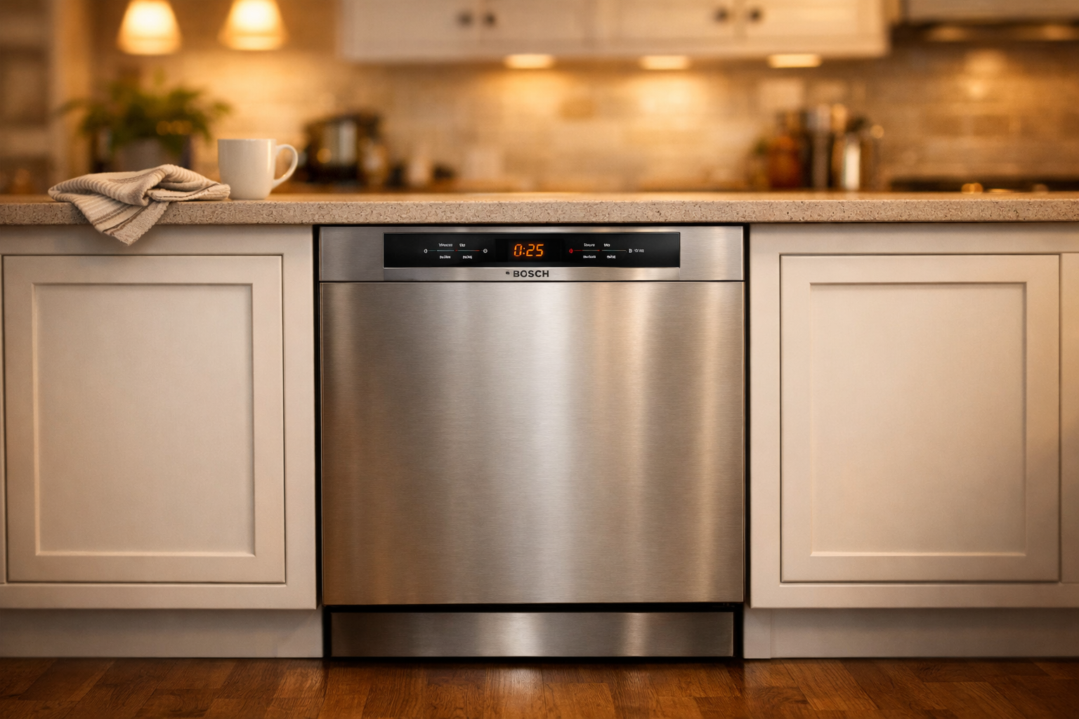 Fully installed Bosch dishwasher running first test cycle in completed kitchen setup