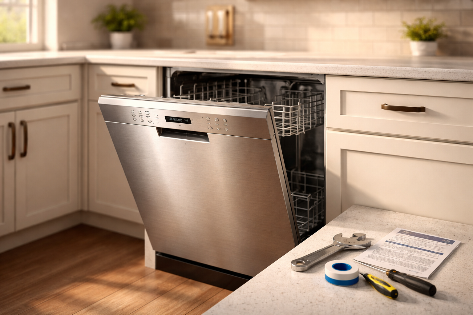 New Bosch dishwasher installed in modern white kitchen with tools nearby