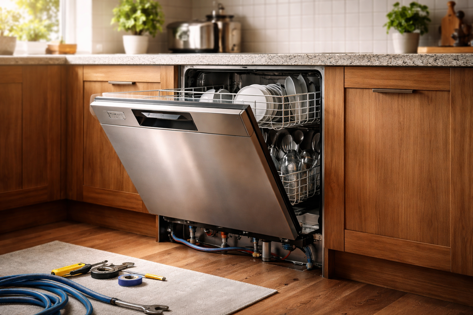 Under-counter dishwasher in modern kitchen, ready for removal
